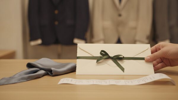 modehaus warth insolvenz bild 2 Geschenkgutschein-Umschlag ohne Aufdruck auf der Ladentheke eines Modehauses, daneben ein Kassenbon