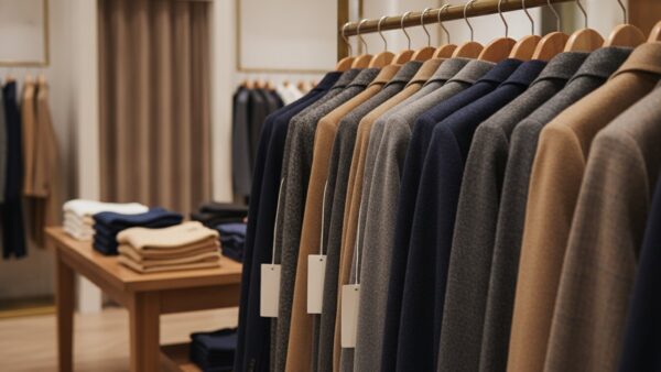 modehaus warth insolvenz bild 4 Kleiderständer mit Wollmänteln und Blazern in einem Modehaus ohne Rabattschilder