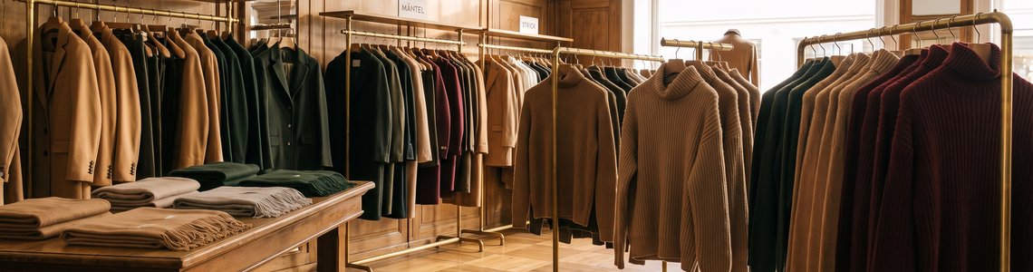 Verkaufsraum eines gehobenen Modehauses mit Kleiderständern voller Sakkos und Mäntel in Herbstfarben