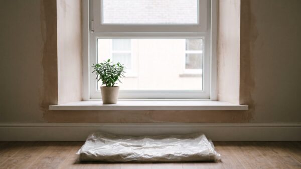 Neu eingebautes weißes Fenster in einem Wohnzimmer mit frisch verputzter Laibung