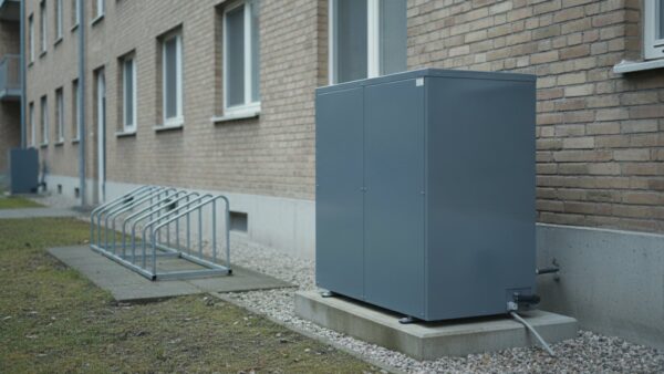 Außengerät einer Wärmepumpe auf einem Betonsockel im Hinterhof eines Mehrfamilienhauses