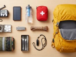 Inhalt eines Notfallrucksacks in der Draufsicht: Kurbelradio, Powerbank, Trinkflasche, Verbandtasche, Taschenkocher, Multitool und Regenponcho