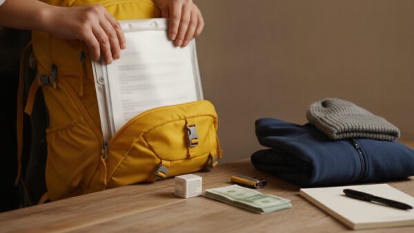 netto notfallrucksack bild 2 Hände legen eine wasserdichte Dokumentenmappe in einen Notfallrucksack, daneben Medikamente, Bargeld, Jacke und Feuerzeug