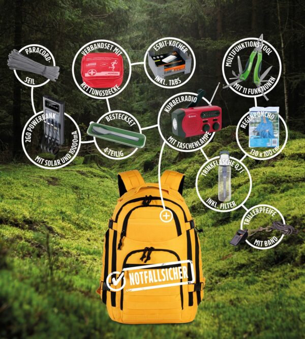 netto notfallrucksack inhalt hersteller Netto Notfallrucksack Komplettset: Rucksack mit den zehn Teilen, darunter Kurbelradio, Solar-Powerbank, Verbandset und Esbit-Kocher