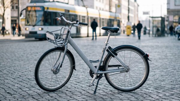 nextbike bild 1 Leihfahrrad mit Korb auf einem Platz in der Stadt, im Hintergrund eine Straßenbahn