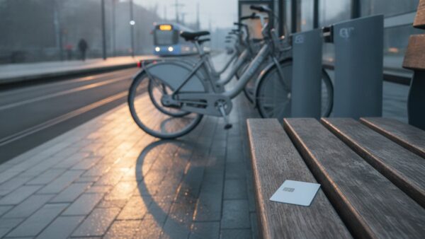 nextbike bild 2 Straßenbahn-Haltestelle mit Leihrad-Station, im Vordergrund eine unbeschriftete Chipkarte