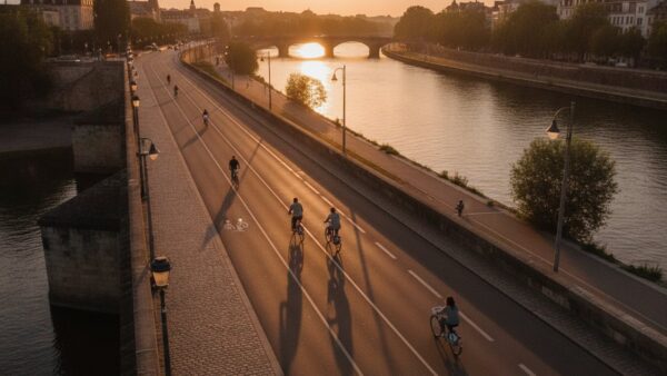 nextbike bild 4 Leihfahrräder auf einer Uferpromenade in einer Stadt am Abend, von einer Brücke aus gesehen