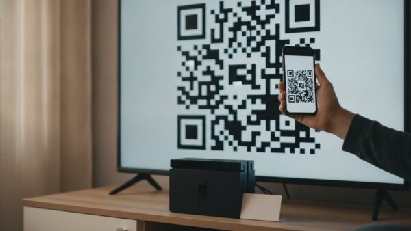 Smartphone scannt einen QR-Code auf dem Fernseher neben einer Spielkonsole im Dock