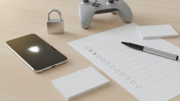 Smartphone mit Schutzschild-Symbol, Vorhängeschloss, Controller und Checkliste auf einem Schreibtisch