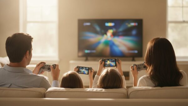 Familie spielt gemeinsam mit Controllern und tragbaren Konsolen auf dem Sofa