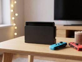 Schwarze Spielkonsole in der Docking-Station auf einem Wohnzimmertisch, daneben blaue und rote Controller und eine Tasse