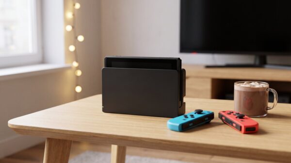 nintendo switch 2 black friday bild 1b Schwarze Spielkonsole in der Docking-Station auf einem Wohnzimmertisch, daneben blaue und rote Controller und eine Tasse