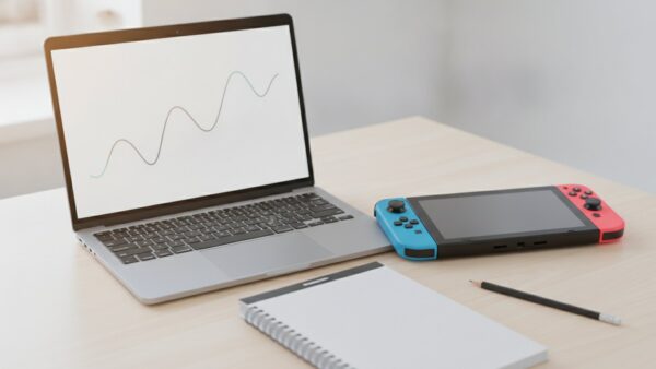 nintendo switch 2 black friday bild 2 Laptop mit abstrakter Preiskurve neben einer schwarzen Handheld-Konsole und einem leeren Notizblock