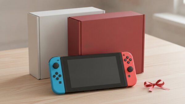 nintendo switch 2 black friday bild 3 Zwei unbedruckte Konsolen-Verpackungen in WeiĂź und Rot, davor eine schwarze Handheld-Konsole und ein rotes Geschenkband