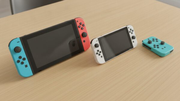 nintendo switch 2 black friday bild 4 Drei Handheld-Konsolen nebeneinander: eine groĂźe schwarze, eine weiĂźe und eine kompakte tĂĽrkisfarbene