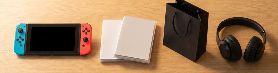 Schwarze Hybrid-Spielkonsole mit blauen und roten Controllern, Spielhüllen und eine schwarze Papiertüte auf einem Holztisch
