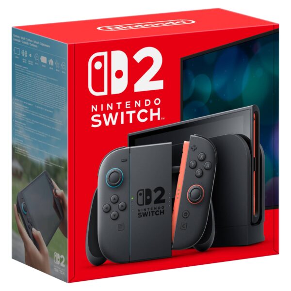 Verpackung der Nintendo Switch 2 mit Konsole, Joy-Con 2 und Dock