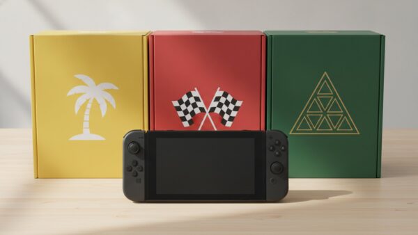 Drei Konsolenkartons in Gelb, Rot und Grün ohne Aufschrift, davor eine Hybrid-Spielkonsole