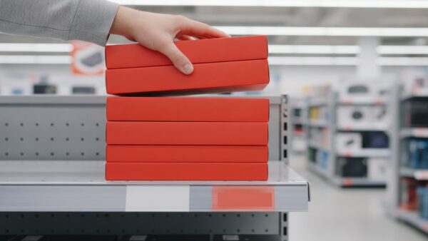 Hand greift im Elektronikmarkt nach einem roten Konsolenkarton, an der Regalkante leere Preisschilder