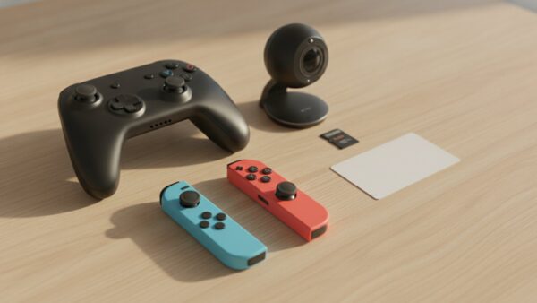 Gamepad, zwei einzelne Controller in Blau und Rot, USB-Kamera, Speicherkarte und Guthabenkarte auf einem Holztisch