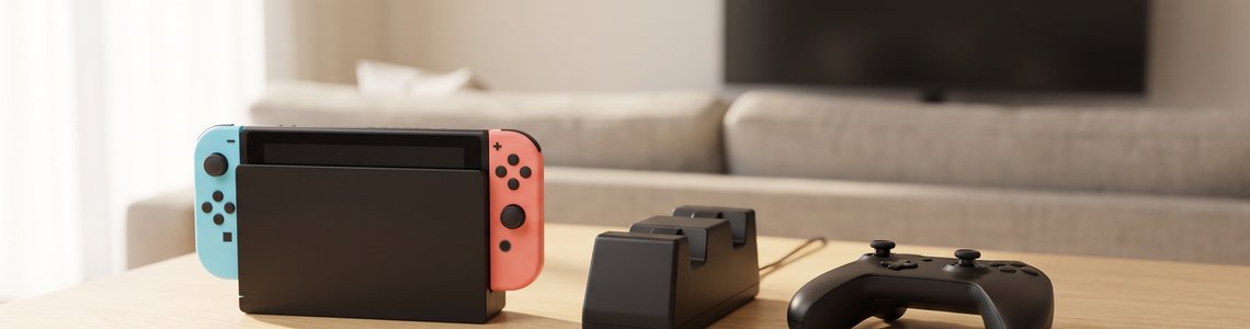 Hybrid-Spielkonsole mit blauem und rotem Controller, Ladestation und leerem Preisschild auf einem Wohnzimmertisch
