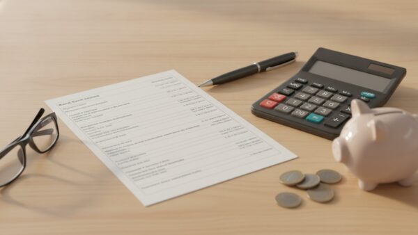 norisbank praemie bild 2 Kontoauszug auf Papier mit Taschenrechner, Stift und Sparschwein auf dem Schreibtisch
