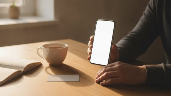 norisbank praemie bild 3 Hände halten ein Smartphone für die Video-Legitimation am Küchentisch, daneben ein Ausweis