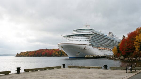 Großes Kreuzfahrtschiff an einem herbstlichen Hafenkai statt unter Palmen