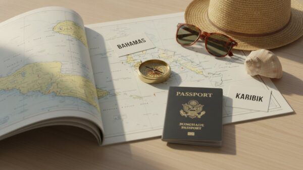 Seekarte mit Kompass, Sonnenbrille und Karten „Bahamas“ und „Karibik“ auf einem Holztisch