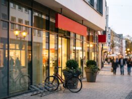 Moderne Bankfiliale mit Glasfront und leerem rotem Schild in einer Fußgängerzone