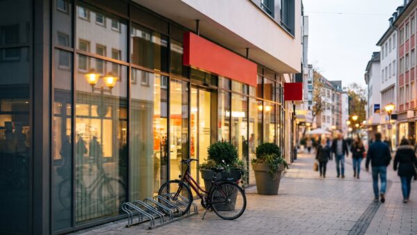 openbank bild 1 Moderne Bankfiliale mit Glasfront und leerem rotem Schild in einer Fußgängerzone