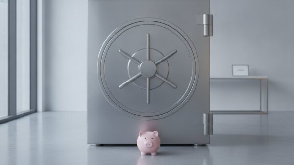openbank bild 3 Geschlossene Tresortür aus Stahl, davor ein kleines Sparschwein aus Keramik
