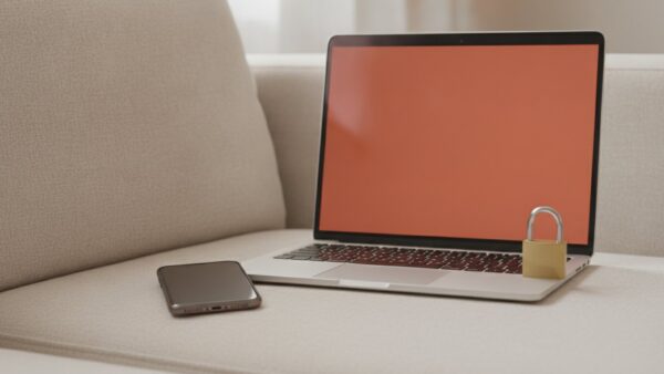 openbank bild 4 Smartphone, aufgeklappter Laptop mit leerem Bildschirm und ein Vorhängeschloss auf einem Sofa