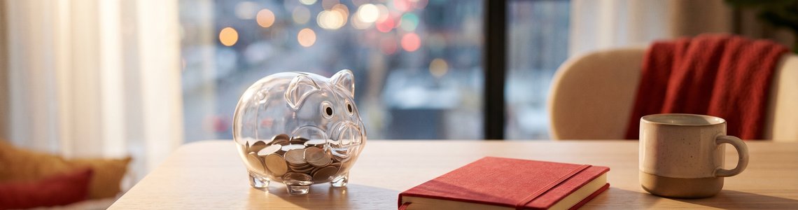 Gläsernes Sparschwein mit Münzen auf einem hellen Schreibtisch neben Notizbuch und Kaffeetasse