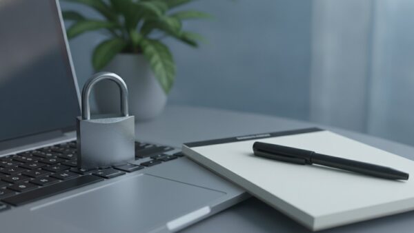 otto login bild 2 Geschlossenes VorhÀngeschloss auf einer Laptop-Tastatur neben einem leeren Notizblock
