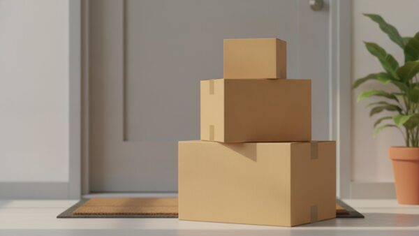 otto login bild 3 Drei gestapelte Versandkartons vor einer WohnungstĂŒr auf einer FuĂmatte