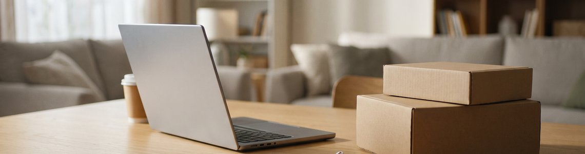 Laptop auf einem Holztisch neben zwei Versandkartons, einem Schlüsselbund und einer Kaffeetasse