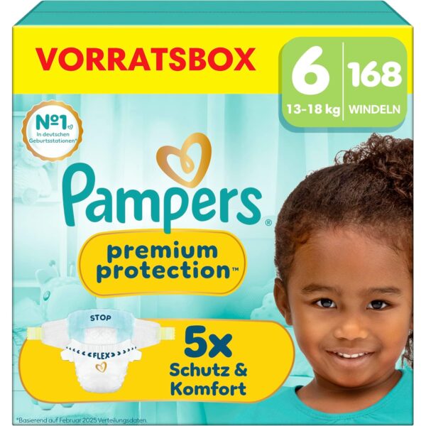 Pampers Premium Protection Größe 6, 168 Windeln, Vorratsbox