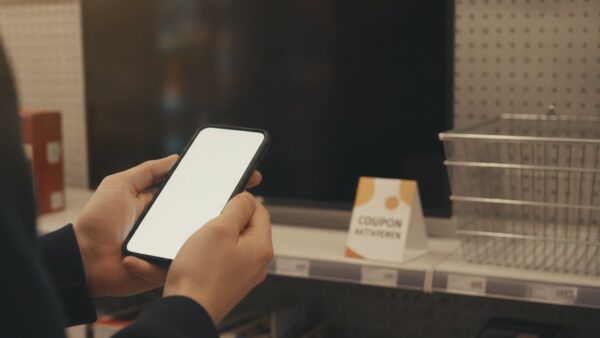 payback expert bild 2 Hände halten ein Smartphone vor einem Fernseher im Verkaufsregal