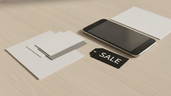 payback expert bild 4c Gestapelte Karten, Smartphone und ein Anhänger mit der Aufschrift „Sale“
