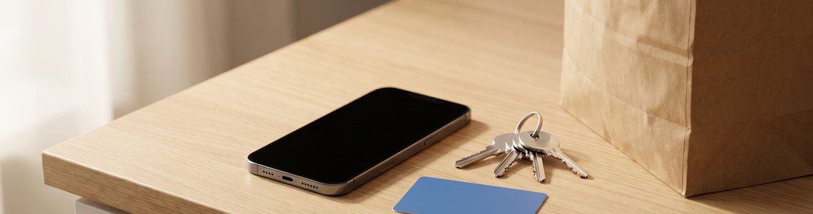 Smartphone, Schlüsselbund und neutrale Kundenkarte neben einer Einkaufstüte auf einem Küchentresen