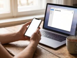 Hände halten ein Smartphone neben einem Laptop mit Posteingang am Küchentisch