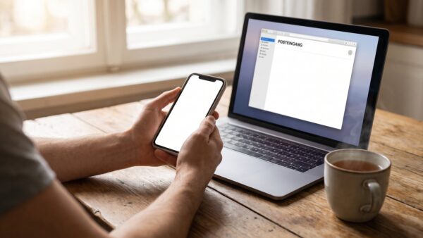 paypal konto geschlossen bild 1 Hände halten ein Smartphone neben einem Laptop mit Posteingang am Küchentisch