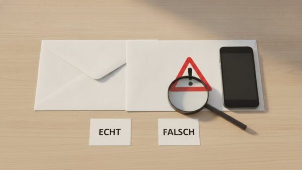 paypal konto geschlossen bild 2 Zwei Briefumschläge mit Lupe und Karten „echt“ und „falsch“ auf einem Schreibtisch