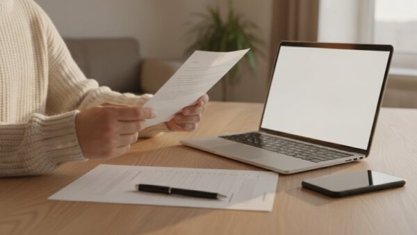 paypal konto geschlossen bild 3 Person prüft am Tisch einen Brief neben Laptop, Smartphone und Checkliste