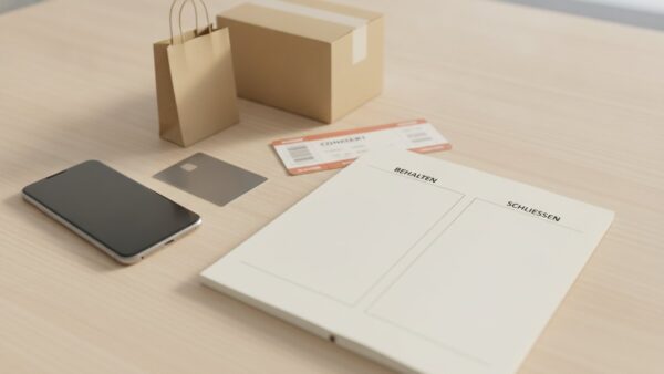 paypal konto geschlossen bild 4 Smartphone, Bankkarte, Einkaufstüte und Notizbuch mit den Spalten „Behalten“ und „Schließen“