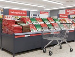 Aktionsregal in einem Discounter mit gestapelten Schokoladen-Adventskalendern und einem Einkaufswagen