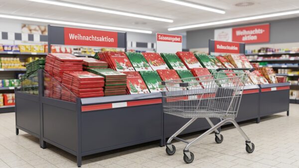 Aktionsregal in einem Discounter mit gestapelten Schokoladen-Adventskalendern und einem Einkaufswagen