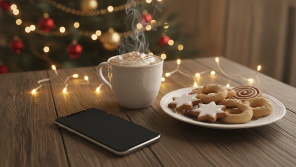 Smartphone mit dunklem Bildschirm neben Kakao, Plätzchen und Lichterkette vor einem Weihnachtsbaum