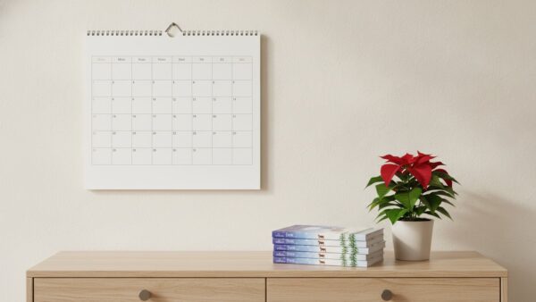 Unbeschrifteter Wandkalender über einer Kommode mit gestapelten Schokoladen-Adventskalendern und einem Weihnachtsstern